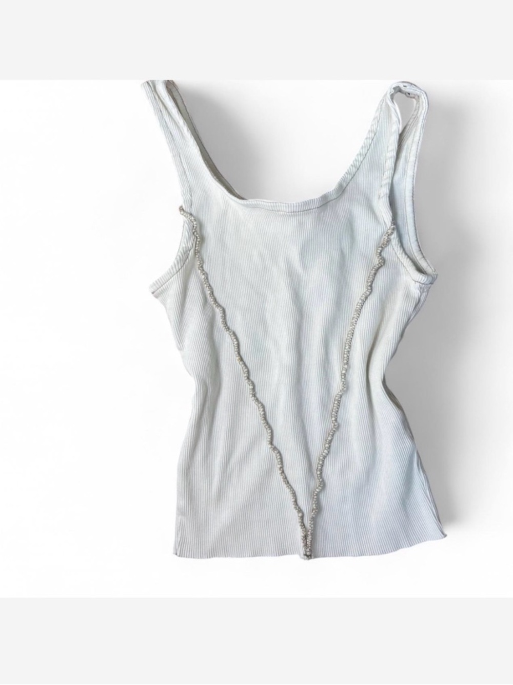 White Ribbed Tank Top with Decorative Trim - Women